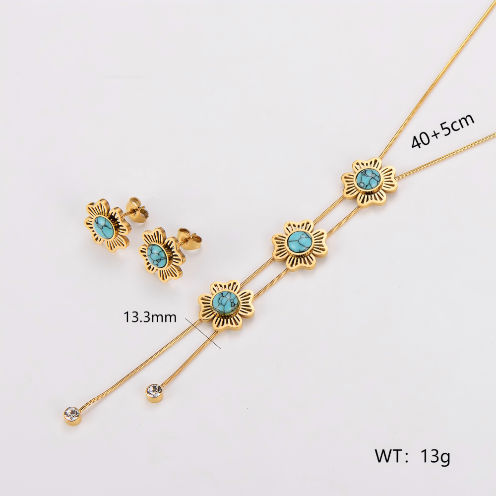 AML Retro Niche Diamond-Studded Ethnic Style Stainless Steel Flower Turquoise Necklace And Earring Set For Women, Light Luxury Elegant Versatile Accessories