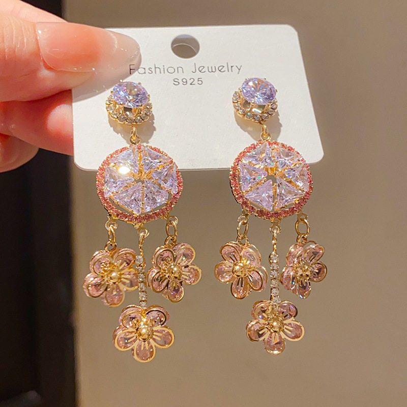 Fashionable French Vintage Silver Needle Zircon Flower Tassel Earrings Luxury Feelings Women's Jewelry Accessories