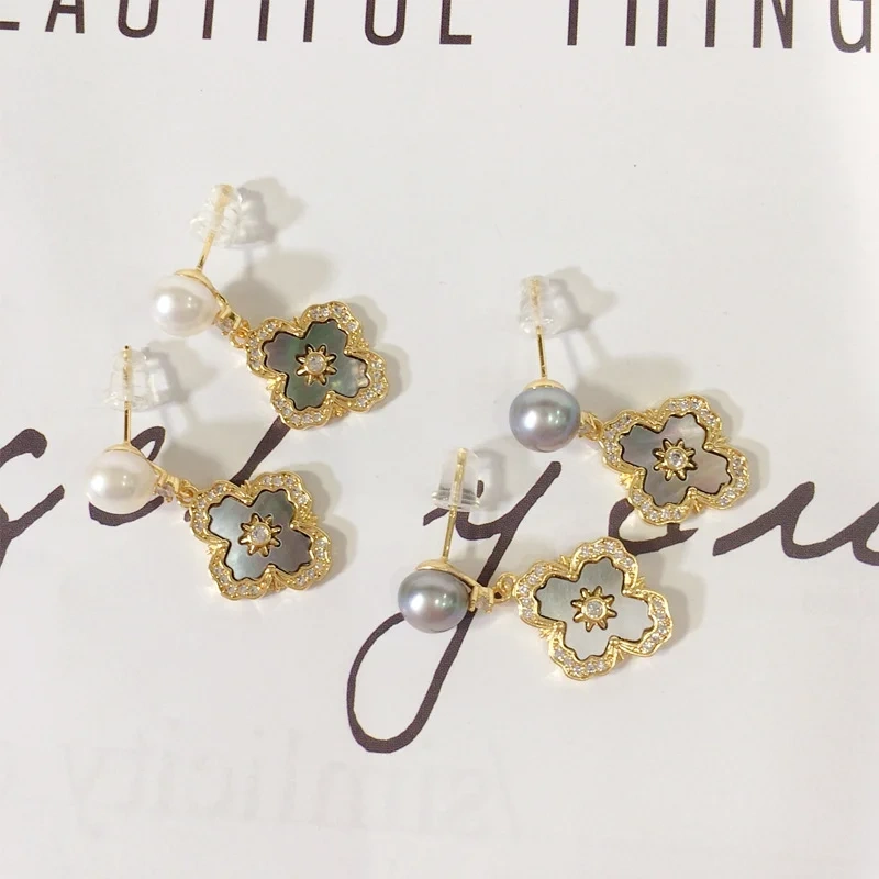 Natural Fresh Water Pearl Earrings Women's French Royal Style Cross Pearl Stud Earrings Natural Sea Shell Fritillary Inlaid