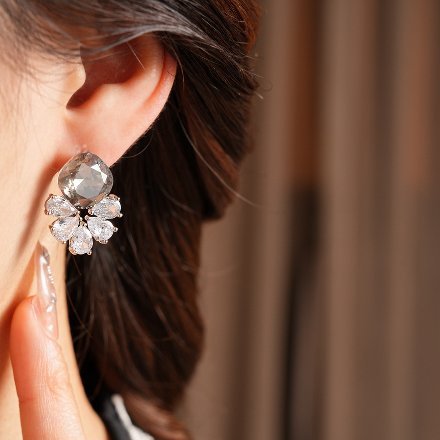 Silver Zircon Flower Water Drop Earrings Simple Iron Post Women's Jewelry Accessories
