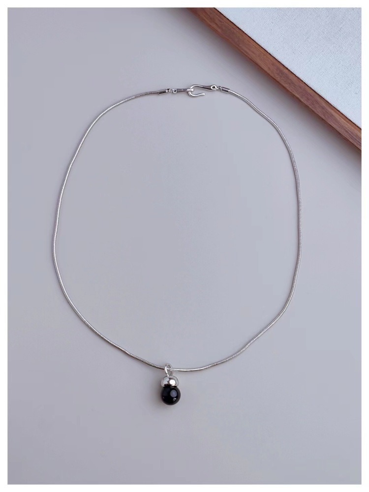 Snake Bone Chain Necklace With Natural Black Agate Pendant For Women Winter Accessories Sweater Chain