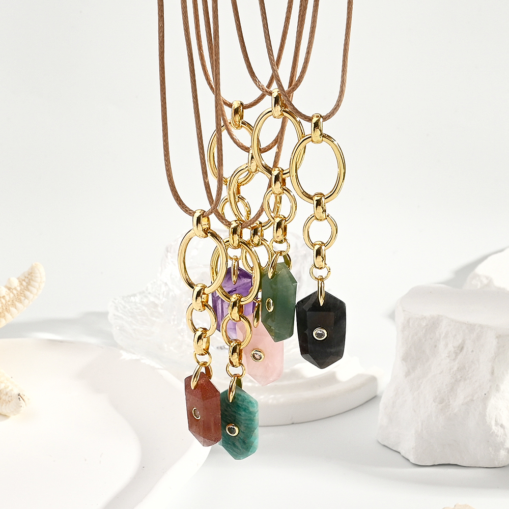 Natural Stone Micro-Set Zircon Hexagonal Pendant Necklace Women's Casual Vacation Style Stainless Steel And Crystal Chain