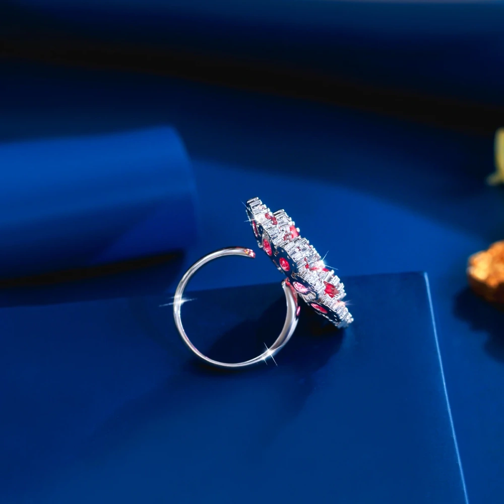 Water Plated White Gold Inlaid Red Zircon Multi-layer Open Ring Copper Material Rhodium Plated Flower (Jewelry) Waterproof Non-fading Wedding Hand Accessories