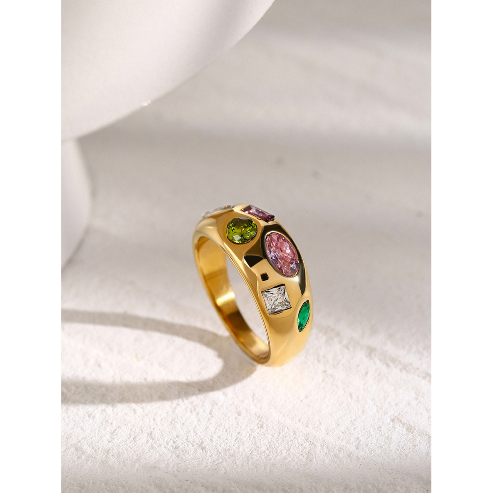 Real Gold Plated 304 Stainless Steel PVD Coated Zircon Color Block Waterproof Non Tarnish Plating Inlay Simple Style Classic Style Rings For Women's