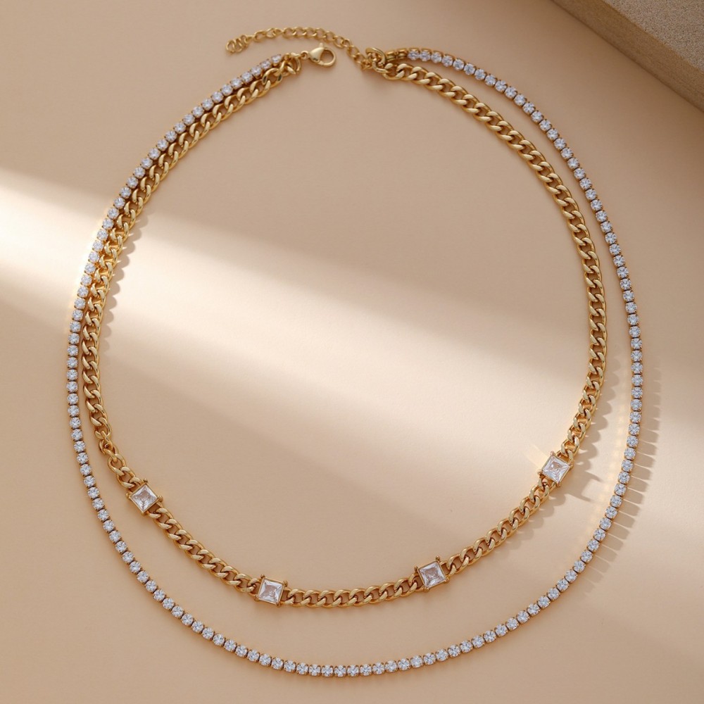 Double Layer Necklace Elegant Cuban Chain Zircon Necklace Versatile Fashionable Women's Party Commuting Accessories