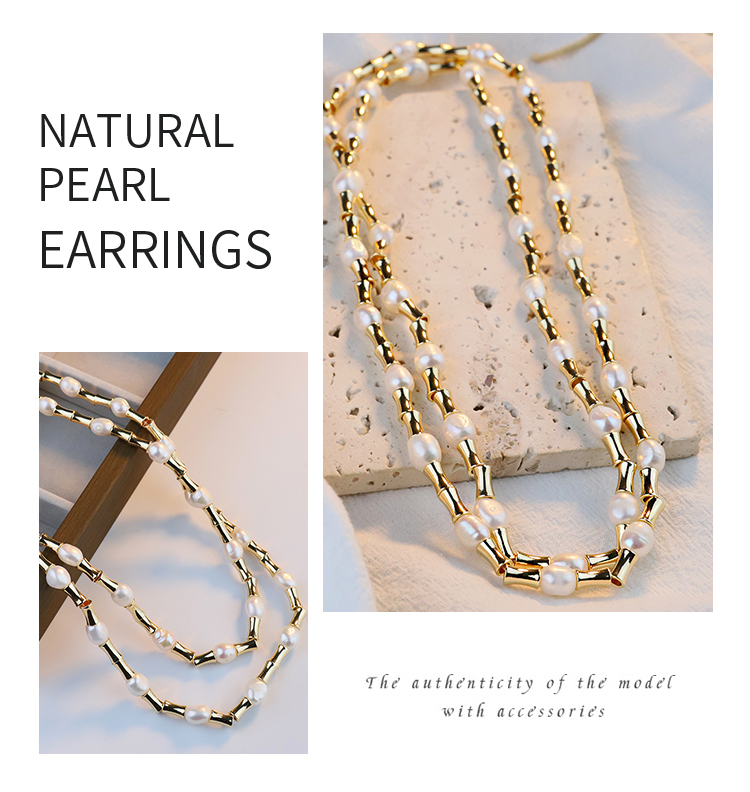 Natural Freshwater Pearl Necklace Bracelet Set Metal Double Layer Bamboo Node High-End Jewelry Accessories For Women
