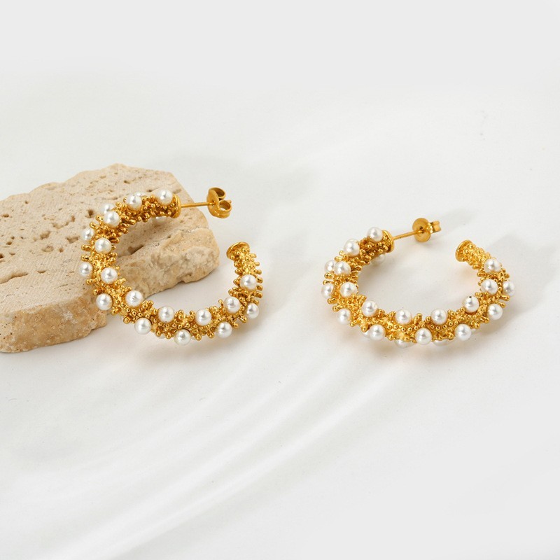 Exaggerated C-Shape Earrings Ins Luxury Bead Embedded Gold Plated Stainless Steel Waterproof Women's Jewelry Fashion Accessories