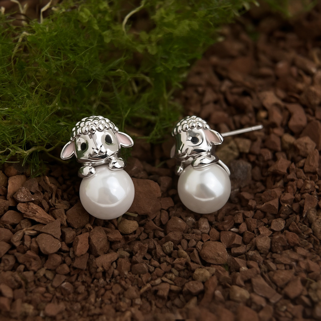 Original Cute Sheep Ear Studs Thick Plated Real Gold Color Retention S925 Silver Needle Glass Pearl Women's Fun Fashion Jewelry