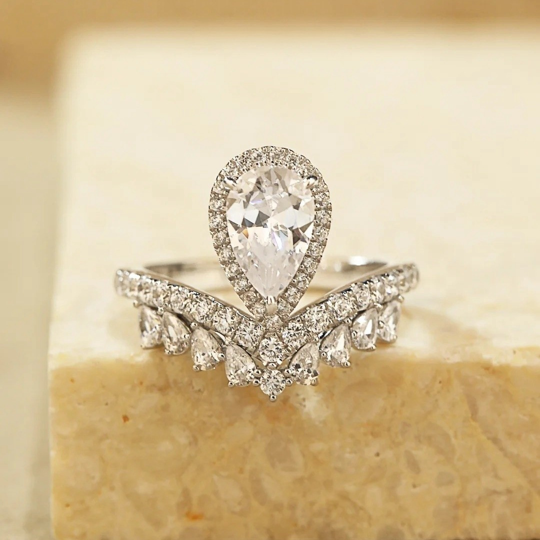 S925 Sterling Silver Ring Women's Fashion Crown Waterdrop Shaped Moissanite Engagement Wedding Band Luxury Style Unisex