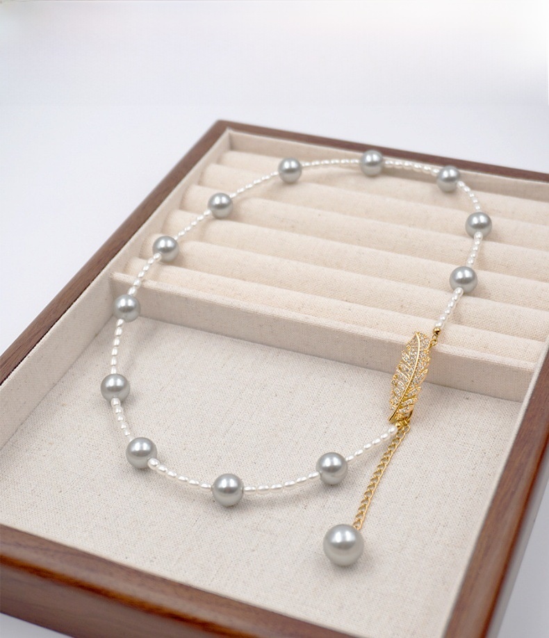 Grey Pearl Feather Y-Shape Sweater Chain Asymmetrical Multi-Ways Long Necklace Women's Fashion Accessories Handmade Craft