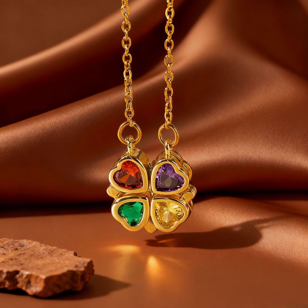 Stainless Steel Necklace Ladies Foldable Four-leaf Clover Colorful Zircon Heart-shaped Jewelry Accessories