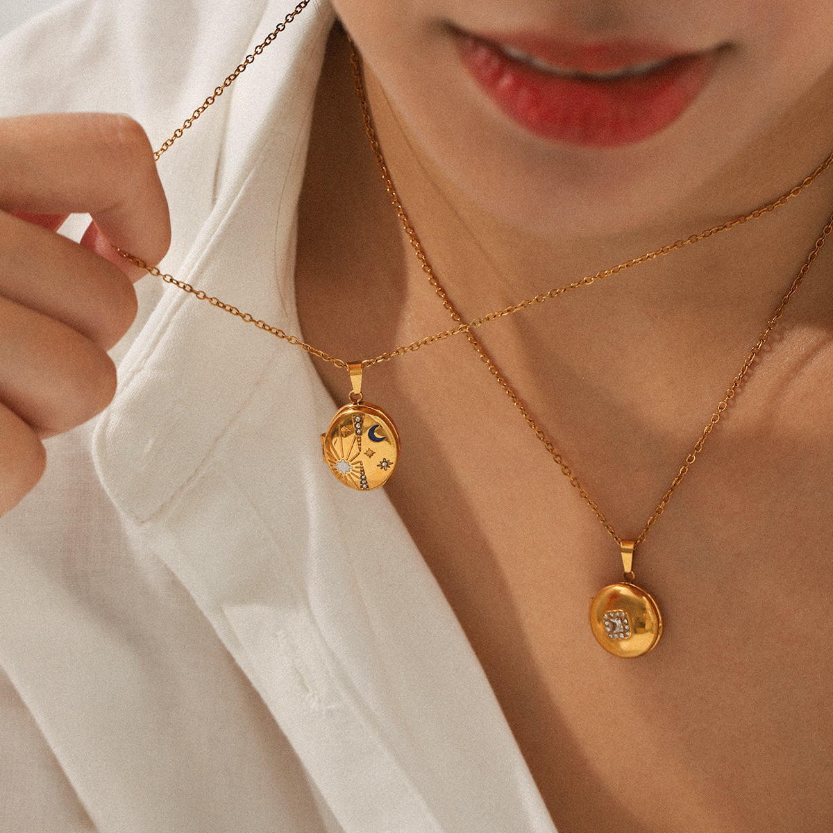 304 Stainless Steel Round PVD Coated Zircon 18K Real Gold Plated Modern Style Artistic Waterproof Non Tarnish Inlay Cable Chain Lobster Trigger Clasp Closure Gold Pendant Necklace