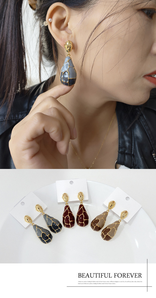Fashionable Vintage Striped Drip Glaze Earrings For Women French Style Cracked Pattern Puzzle Drop Earrings Water Pattern Accessories