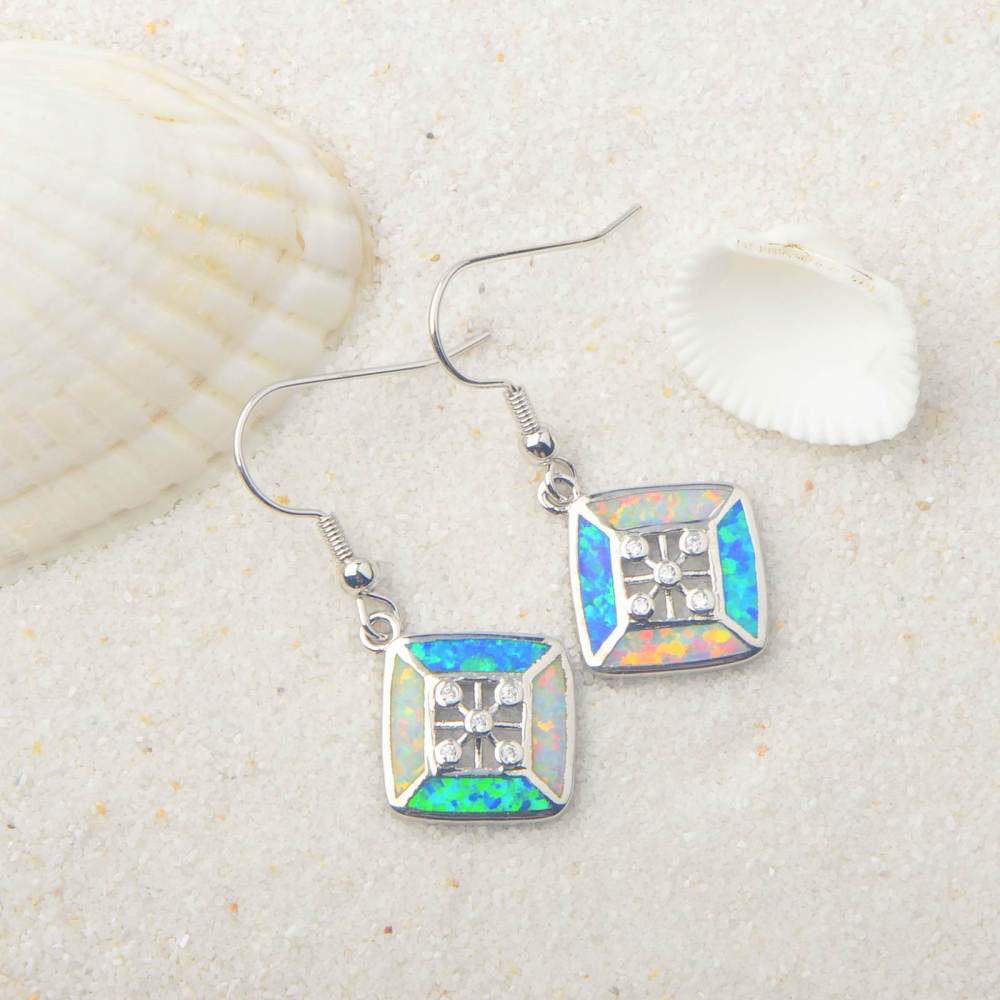 Simple European Style Opal Rhombus Shaped Earrings Fashionable Vacation Theme Copper Material Jewelry Accessories