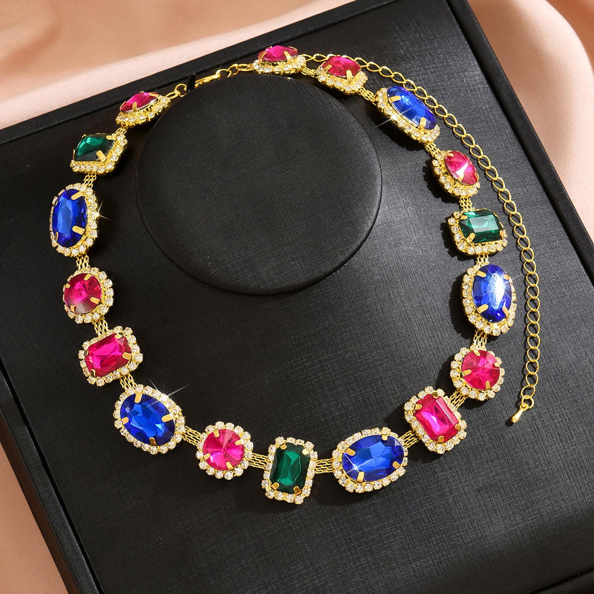 Exaggerated  Luxury Full Drill Geometric Oval Colorful Crystal Necklace And Earring Set Fashionable Collar Chain
