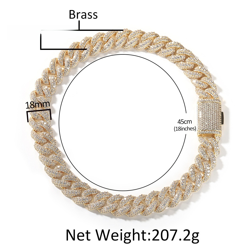 Men's Hip-Hop Bracelet High-End Texture Copper Inlaid Zirconia Gold-Plated Geometric Pattern Silver 18mm Cuban Chain Jewelry Box Clasp Personality