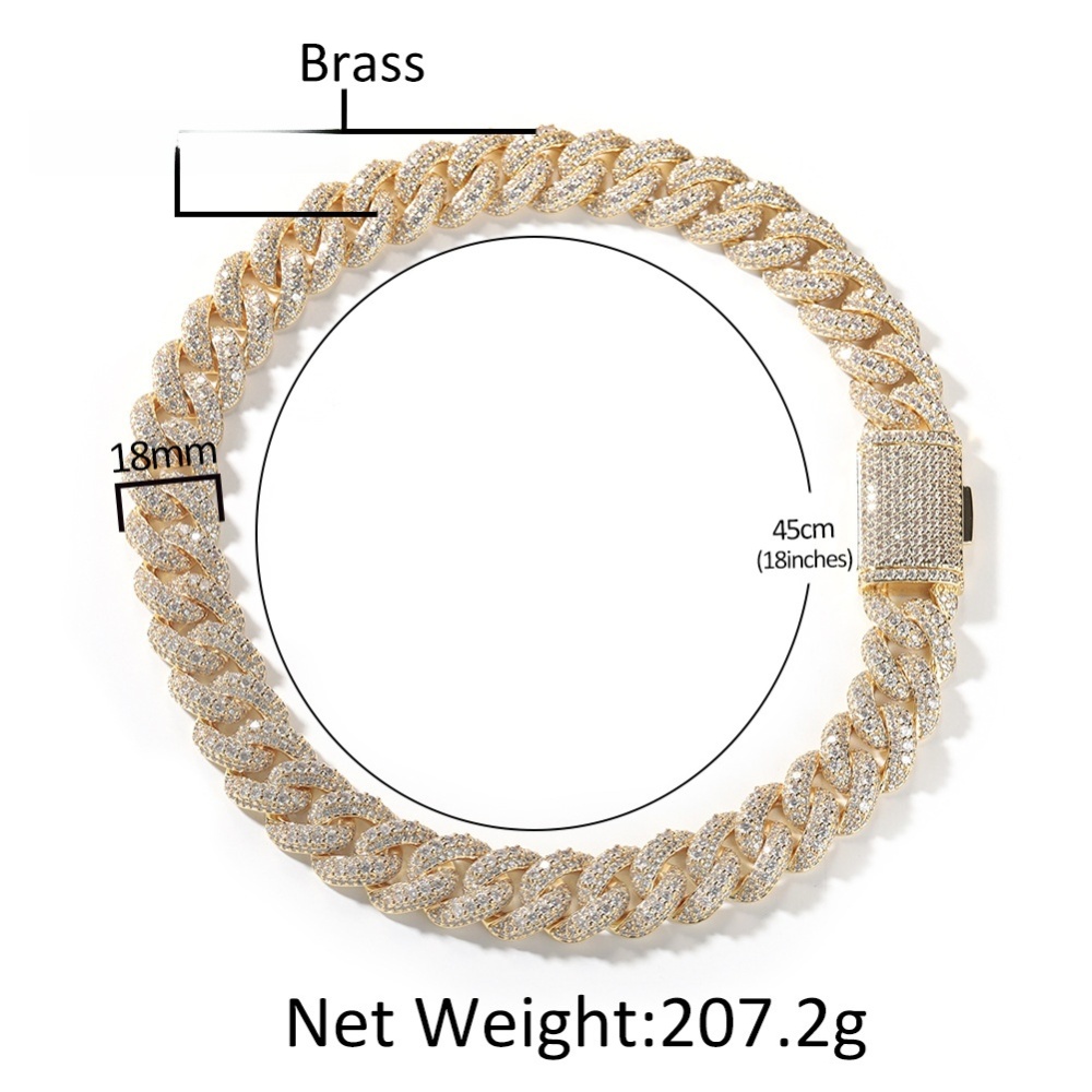 Men's Hip-Hop Bracelet High-End Texture Copper Inlaid Zirconia Gold-Plated Geometric Pattern Silver 18mm Cuban Chain Jewelry Box Clasp Personality