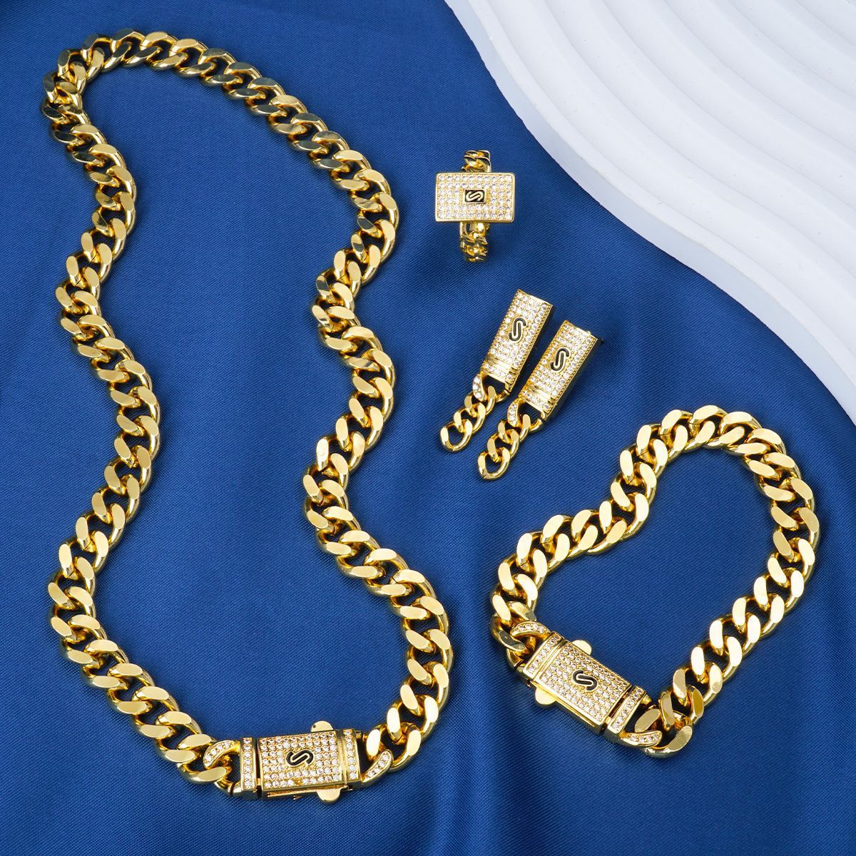 24K Gold Plated Cuban Link Necklace Earrings Bracelet Ring Set Hip Hop Jewelry Zirconia  Personalized Accessories