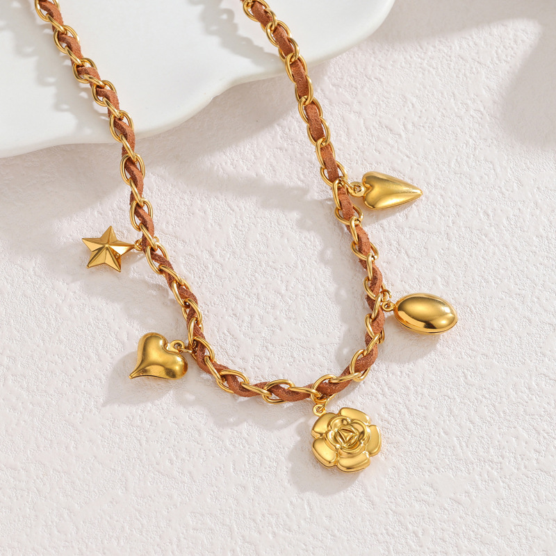18K Gold Multi-Element Pendant Stainless Steel Women's Sweater Chain Necklace Autumn Winter Style