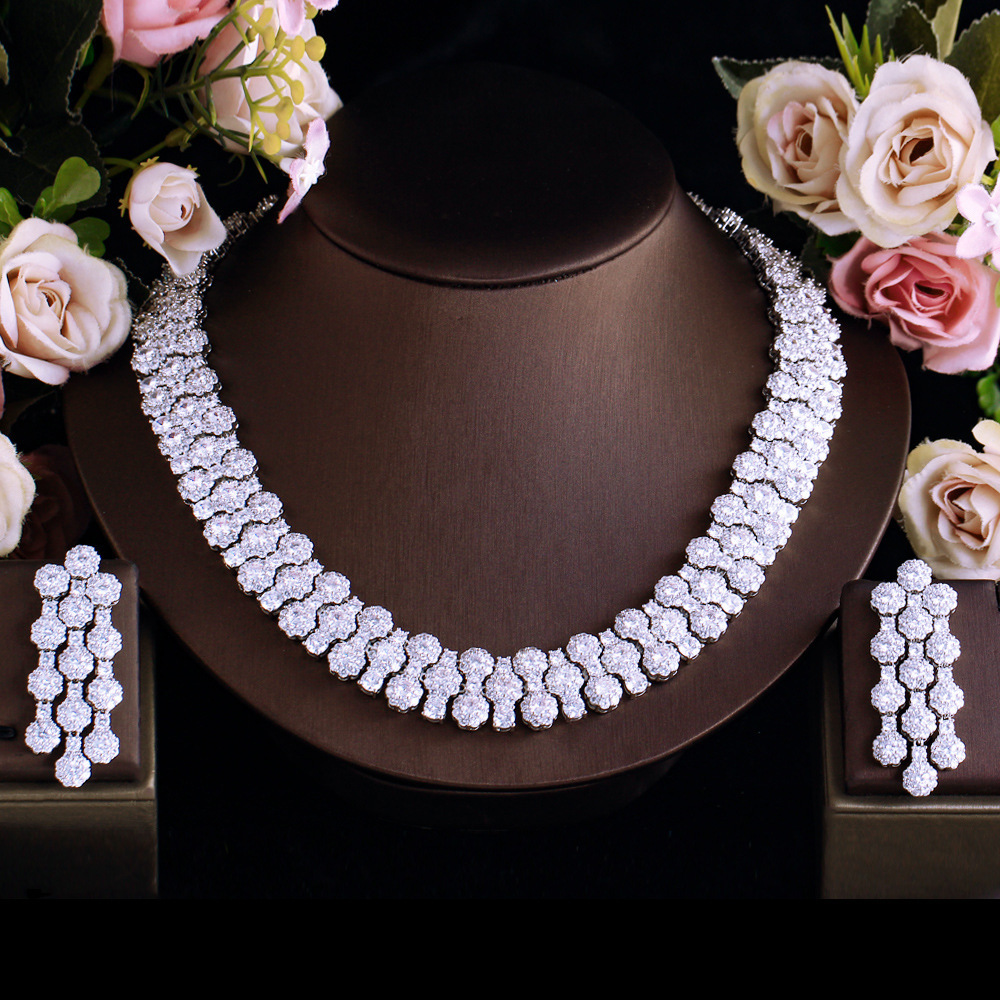 Copper Square Water Droplets Electroplating Zircon Palladium Plating Elegant Bridal Inlay Silver Jewelry Set