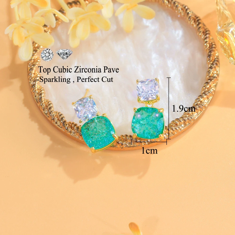 Copper Style Stud Earrings Dazzling White Green Crushed Ice Color Cubic Zirconia Crystal Square Dangle Earrings Fashion Women Party Jewelry Accessories