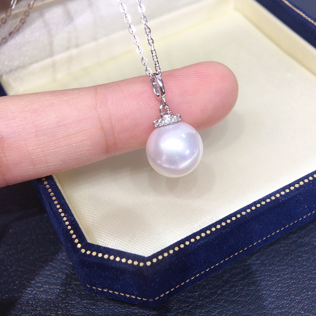 Natural Freshwater Pearl Necklace Single Bead Perfect Round Aurora Pearl Pendant S925 Sterling Silver Clavicle Chain Women's Style White