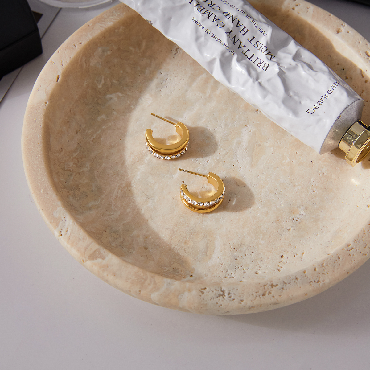 Women's Classic Style 18K Gold Stainless Steel + Zircon White Zircon Double Layer Hollow C Hoop Earrings Pair