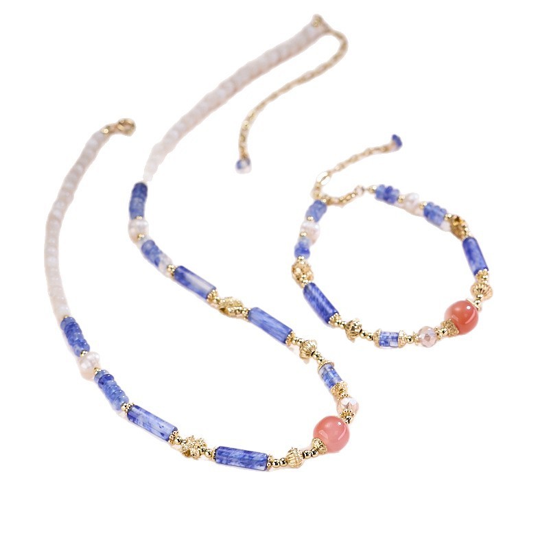 Natural Multi-Gemstone Necklace Bracelet Set Agate Quartz Geometric Pattern Minimalist Style Women's Jewelry Accessories