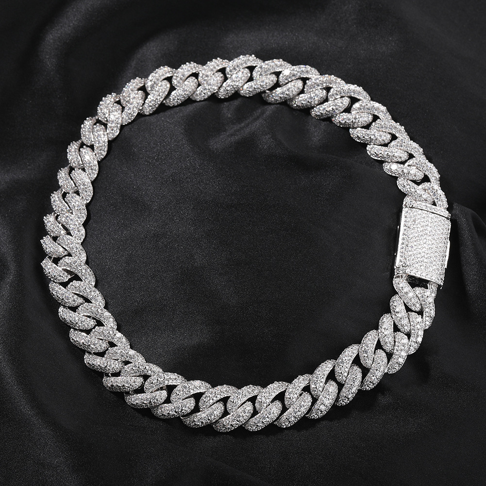 Men's Hip-Hop Bracelet High-End Texture Copper Inlaid Zirconia Gold-Plated Geometric Pattern Silver 18mm Cuban Chain Jewelry Box Clasp Personality