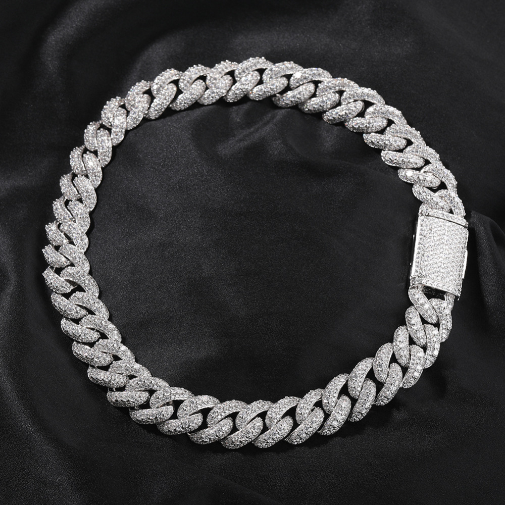 Men's Hip-Hop Bracelet High-End Texture Copper Inlaid Zirconia Gold-Plated Geometric Pattern Silver 18mm Cuban Chain Jewelry Box Clasp Personality