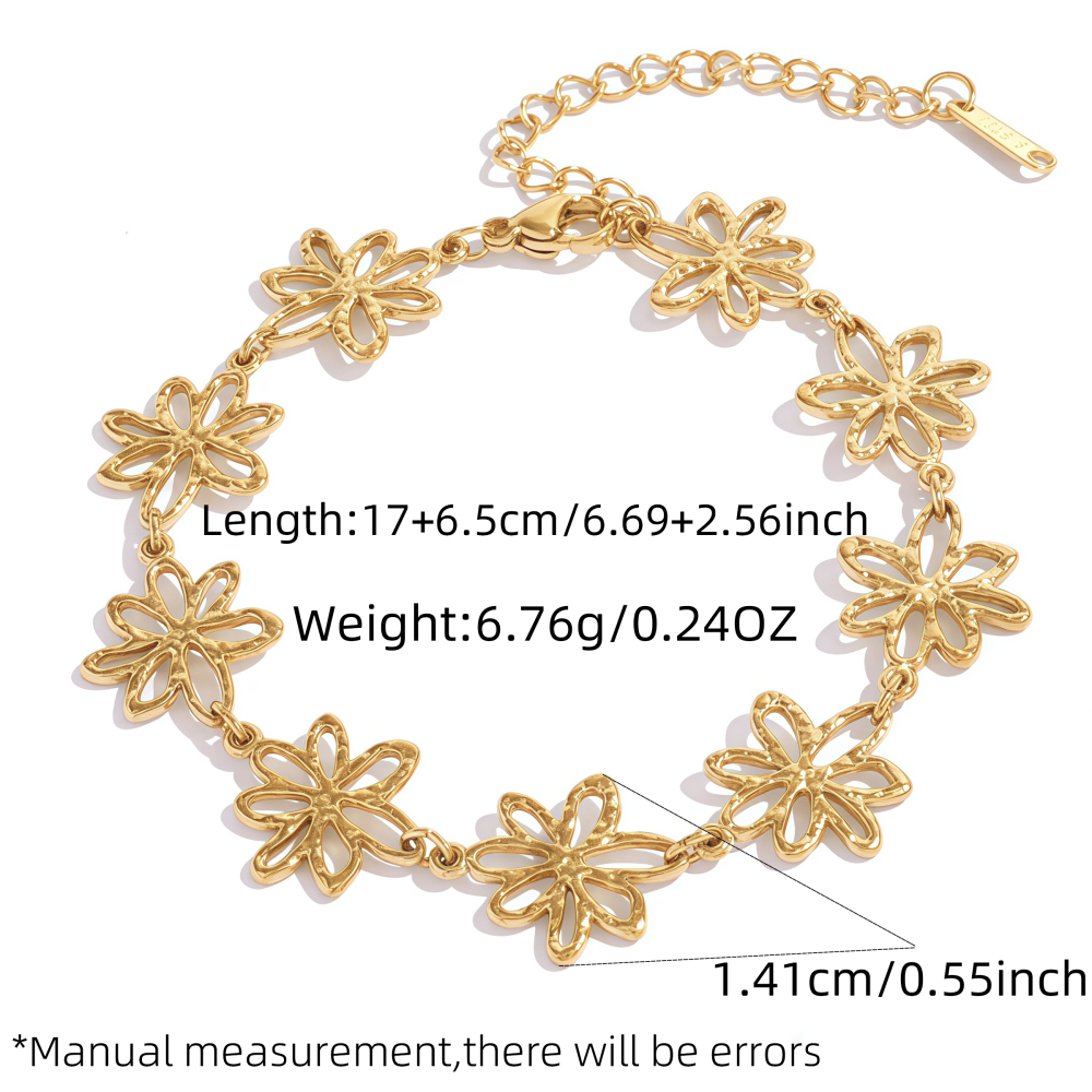 18K Gold Plated 304 Stainless Steel Vacuum Electroplating (In Furnace) Vintage Floral Waterproof Non-Fading Asymmetric Three-Dimensional Handmade Chain Women's Bracelet Jewelry Accessories