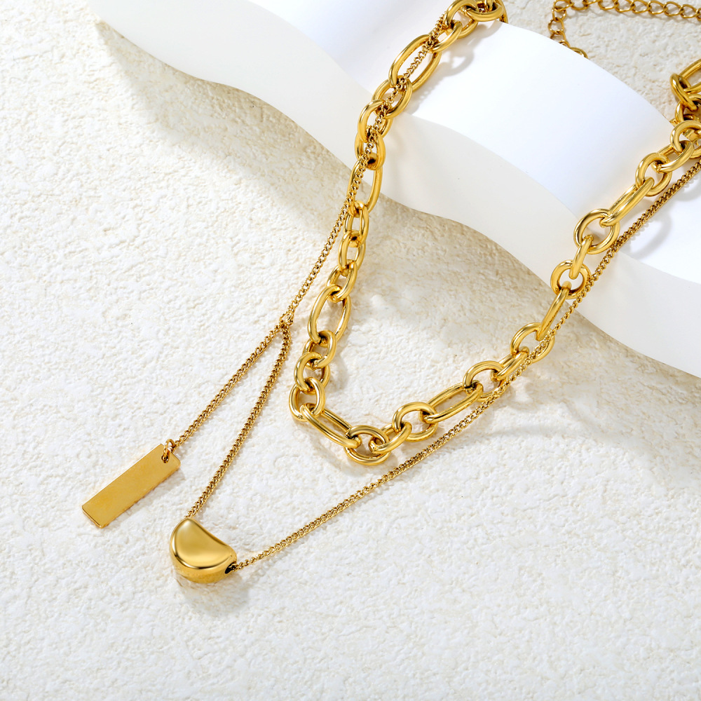 Double Chain Necklace For Women Stainless Steel Bean Shape Versatile 18K Gold Plated Geometric Pattern Ins Style Jewelry Accessories