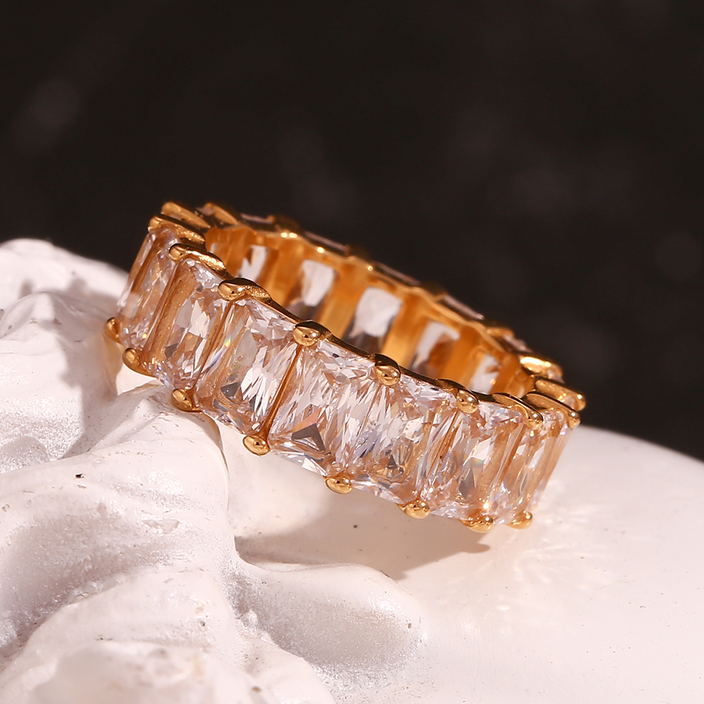 304 Stainless Steel Geometric PVD Coated Zircon 18K Gold Plated Real Gold Plated Basic Simple Style Classic Style Waterproof Non Tarnish Plating Inlay Rings
