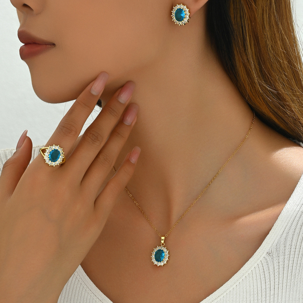 Elegant Blue Zirconia Jewelry Set  Style Necklace Earrings Rings Stainless Steel Luxury Accessories