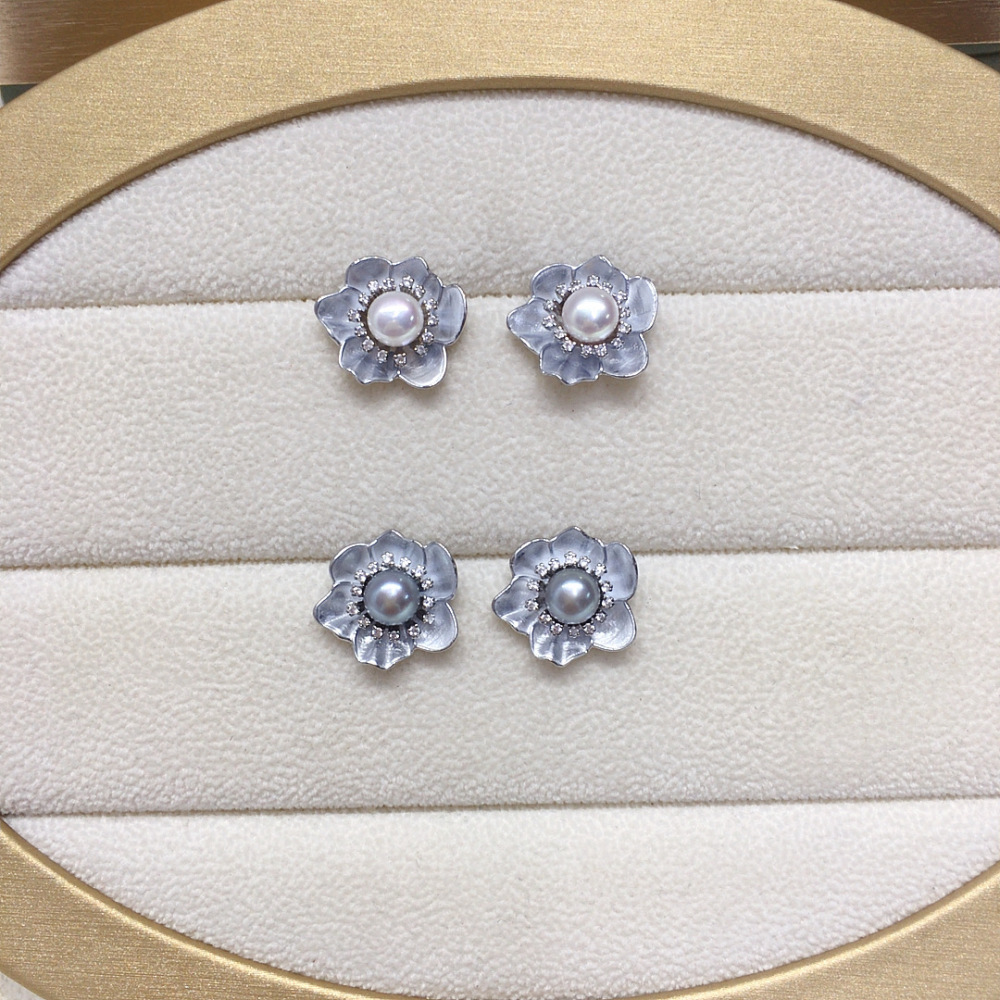 Natural Freshwater Pearl Earrings Women High-End Classic Baked Paint Camellia Pearl Studs Internet Famous Jewelry Accessories