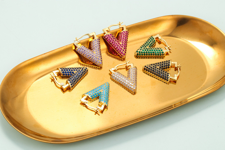 Nihaojewelry Wholesale Jewelry Colored Micro-inlaid Zircon Inverted Triangle Copper Earrings