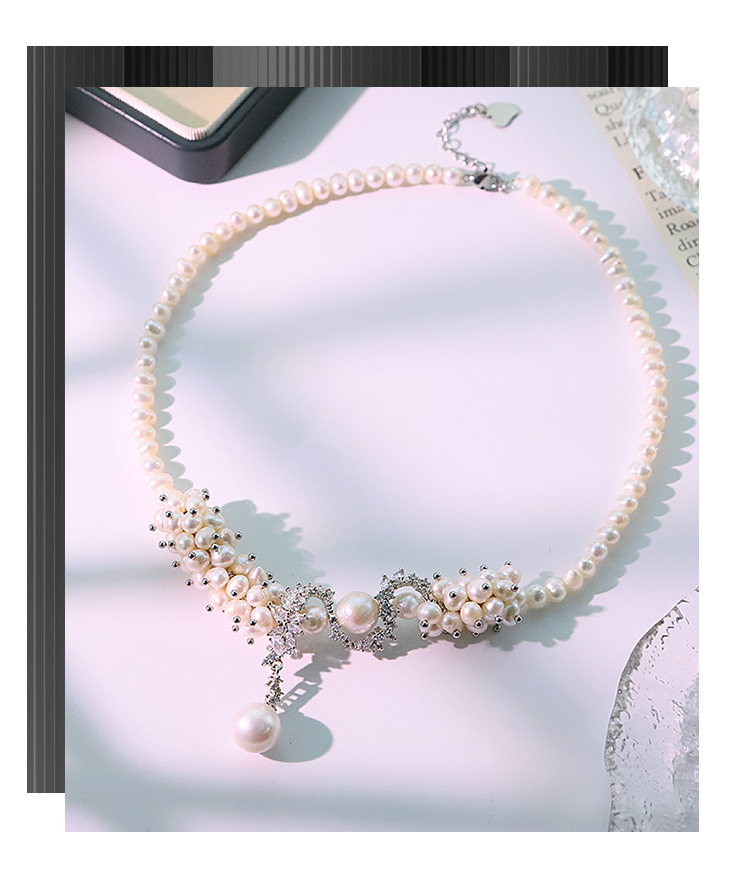 Natural White Pearl Flower Vine S-shaped Zircon Necklace Niche Light Luxury Neck Chain Versatile High-end Clavicle Chain For Women Copper Material