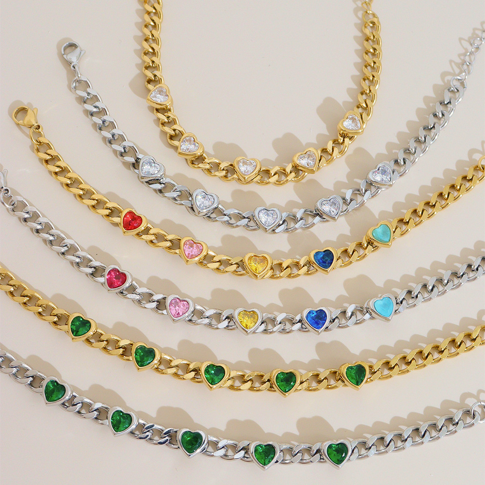 Fashion Heart Shape 304 Stainless Steel 16K Gold Plated White Gold Plated Gold Plated Zircon Stainless Steel Bracelets In Bulk