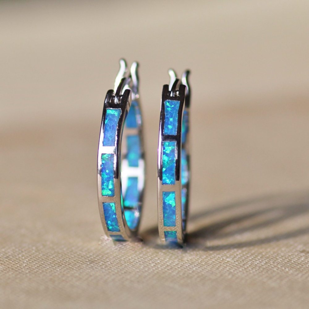 Blue Opal Stud Earrings Coated In White Gold Geometric Pattern Round Gemstone Jewelry Accessories For Women Tiktok Ins Style