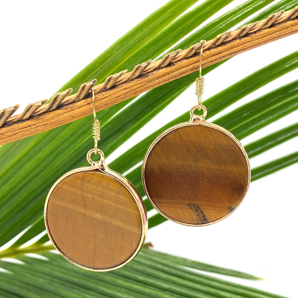 Natural Stone Tiger Eye Lazurite Pendant 26mm Round Edge Drop Earrings DIY Jewelry Accessories Women's Geometric Pattern