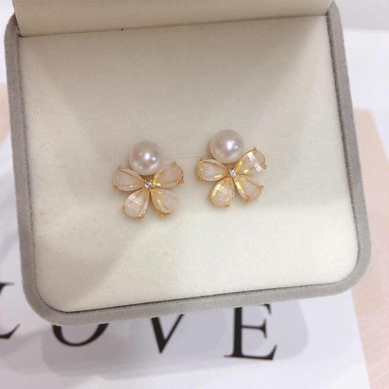Natural Freshwater Pearl Earrings For Women 18K Gold Plated Flower Studs S925 Sterling Silver Posts Wedding Jewelry Accessories
