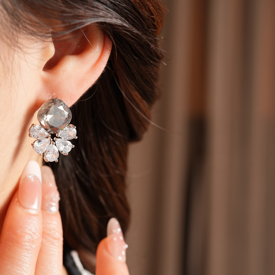 Silver Zircon Flower Water Drop Earrings Simple Iron Post Women's Jewelry Accessories