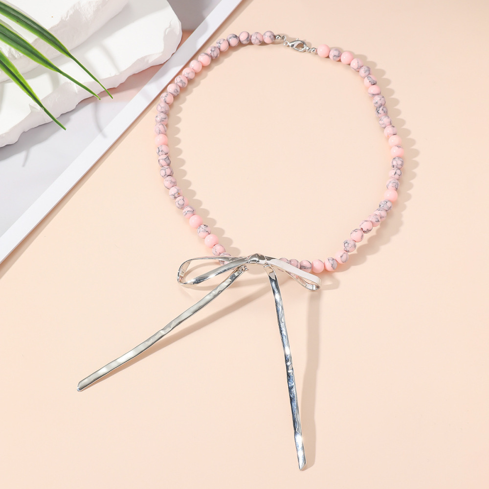 Suitable For Spring And Summer Season Metal Bowknot Collarbone Chain Black Line Turquoise Beaded Necklace Women's Jewelry Accessories