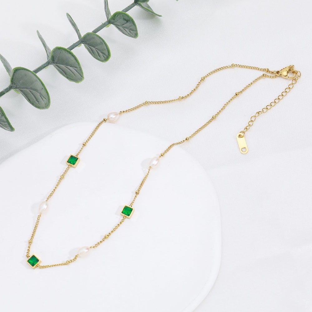 PVD Coated 18K Gold Plated Square Freshwater Pearl Titanium Steel Elegant French Style Classic Style Waterproof Non Tarnish Titanium Steel Necklace