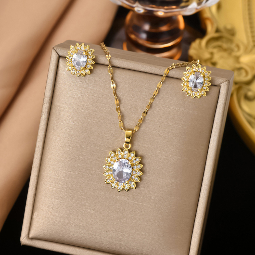 Women's Stainless Steel Necklace Floral Zircon Geometric Minimalist Luxury New Design Pendant Set Elegant Jewelry Accessories