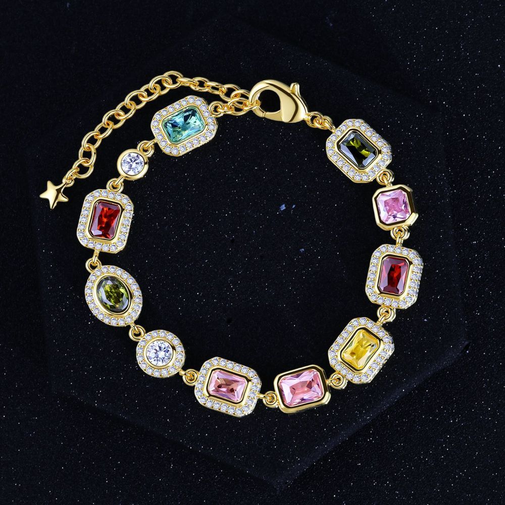 Colorful Gemstone Jewelry Set For Men And Women Hip Hop Style Zircon Necklace And Bracelet Popular Trendy Jewelry Accessories