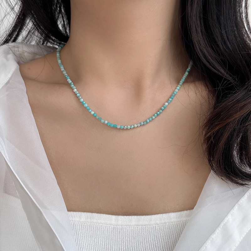 Natural Stone Sea Blue Beads Necklace Women's Summer Lockbone Chain Non-fading Luxury Unique Choker Jewelry Accessories
