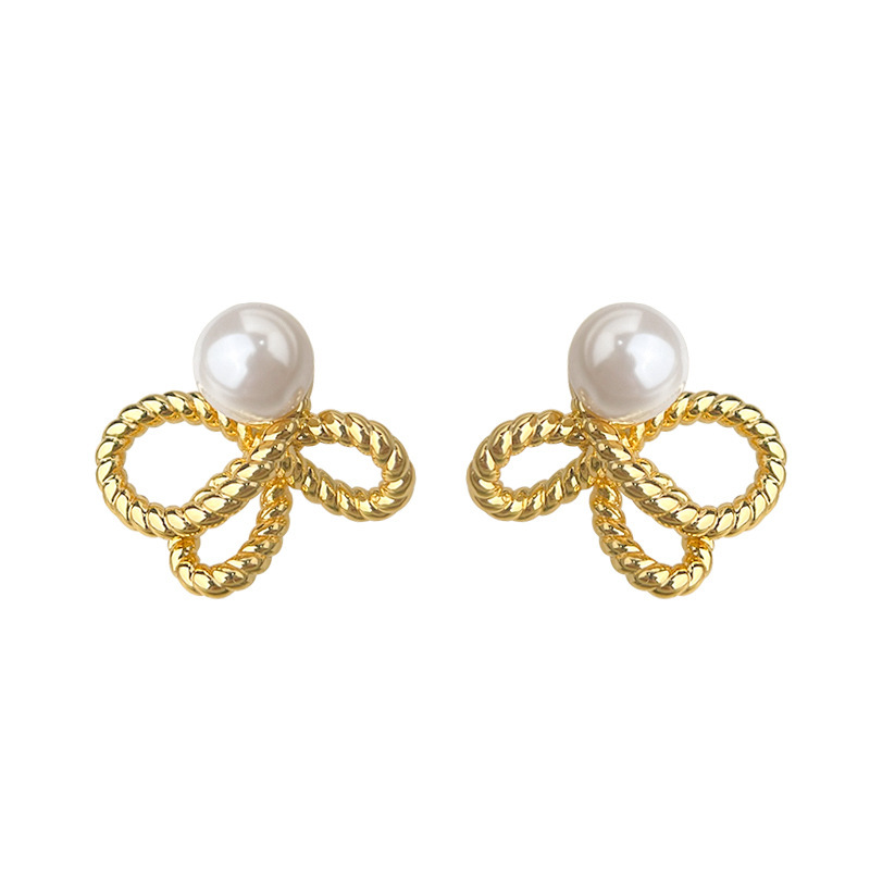 Original Design Thick Plated Real Gold Shiji Glass Pearl Rope Knot Hollow Out Geometric Stud Earrings Luxury Fashion Jewelry