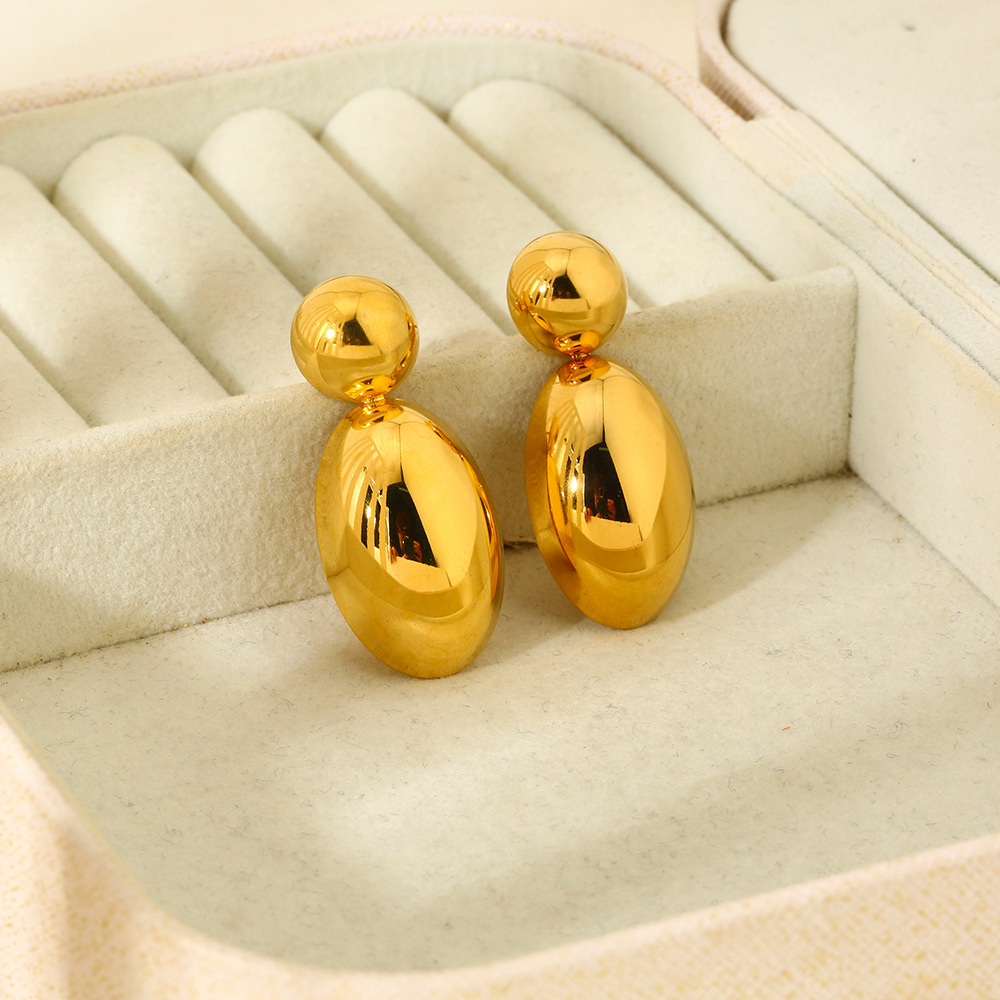Geometric Stainless Steel Earrings Gold Plated 18K Smooth Surface Oval And Round Shaped Fashionable Women's Jewelry Accessories