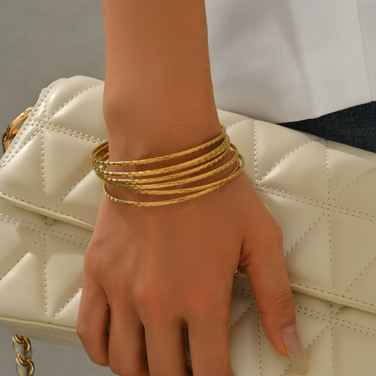 7-Piece Set Elegant Versatile Stainless Steel Wave Texture 68mm Bracelets Women's Festive Daily Commuting Jewelry Accessories